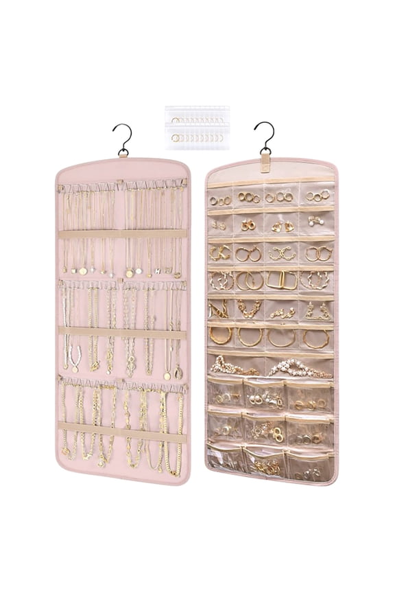 Hanging Jewelry Organizer Storage Roll with Hanger Metal Hooks Double-Sided Jewelry Holder for Earrings, Necklaces, Rings on Closet, Wall, Door, 1 piece