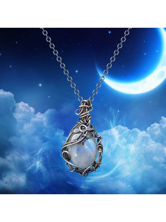 Moon Stone Necklace for Women Geometric Shape Pendant Necklace Boho Leaf Rattan Natural Stone Necklace Trend Jewelry for Women Birthday Anniversary Wedding Mothers Day Gifts