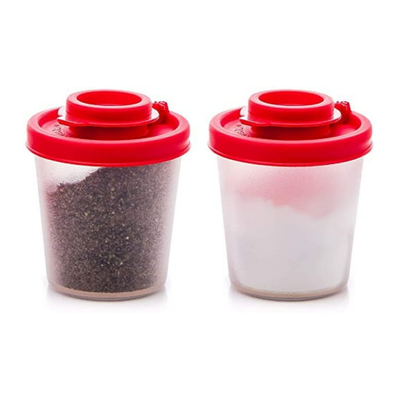 Jierger Salt and Pepper Shakers Moisture Proof Salt Shaker to go Camping Picnic Outdoors Kitchen Lunch Boxes Travel Spice Set Clear with Red Covers Lids Plastic Airtight Dispenser