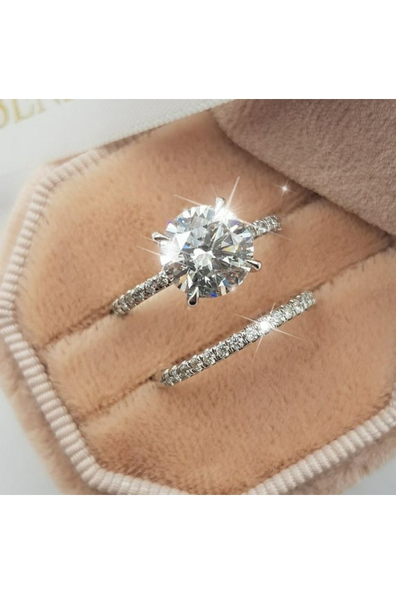 Silver Geometry Circular Rhinestone Four Claws Ring Engagement Ring Full Diamond Zirconia Solitaire for Wedding Bridal Engagement Band Rings 5 to 10