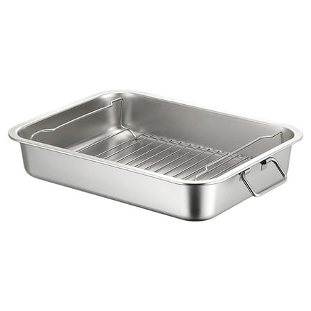 Jierger Stainless Roasting Pan Turkey Roasting Baking Broiler Oven Pan with Rack and Handle for Oven High Induction Roast Tray for Chicken Vegetable 11.61 x 15.55 Inch