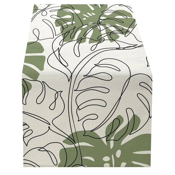 Jierger Summer Leaves Print Fresh Linen Table Cloth for Home Decoration, Dining Table and Picnic, Natural Linen Fabric with Leaf Pattern, 13 x 72 Inch Size
