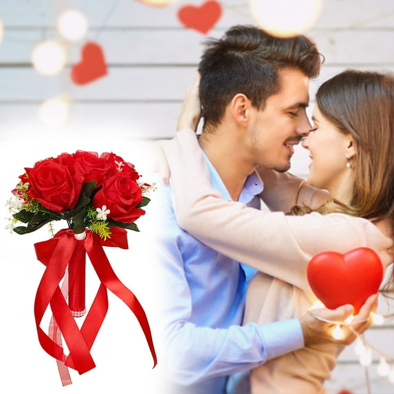 Jierger Valentine's Day Romantic Wedding Bouquet Silk Roses Bridal Wedding Hand Bouquet Bridesmaid Holding Artificial Flowers Eternal Flower Love Gift for Wedding Party Home Birthday Decor