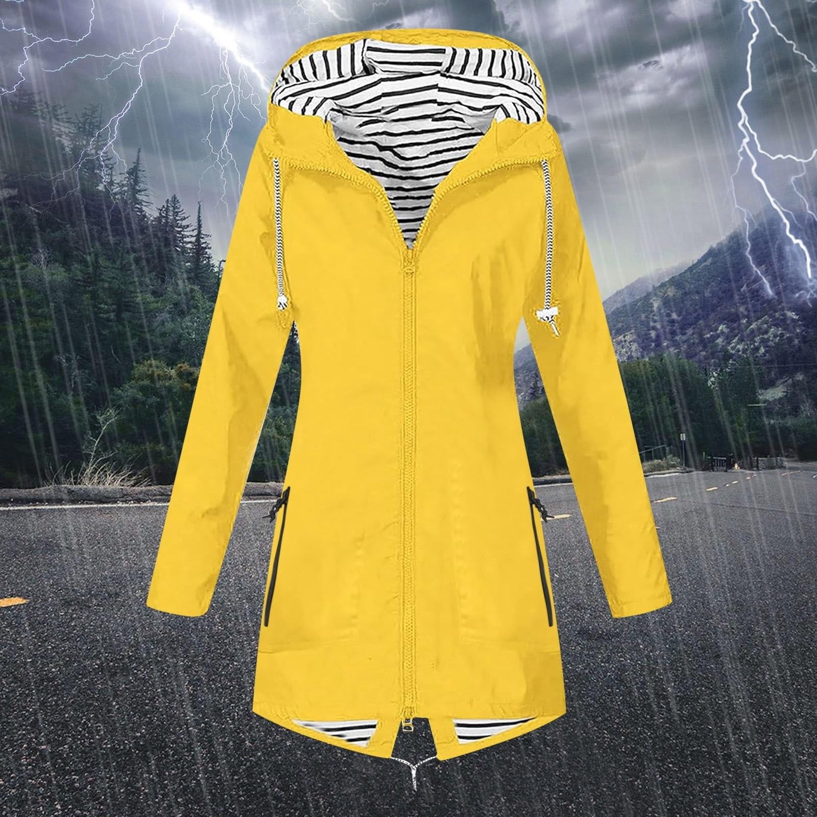 Jieuogg Women Solid Color Rain Jacket Outdoor Hooded Windproof Loose