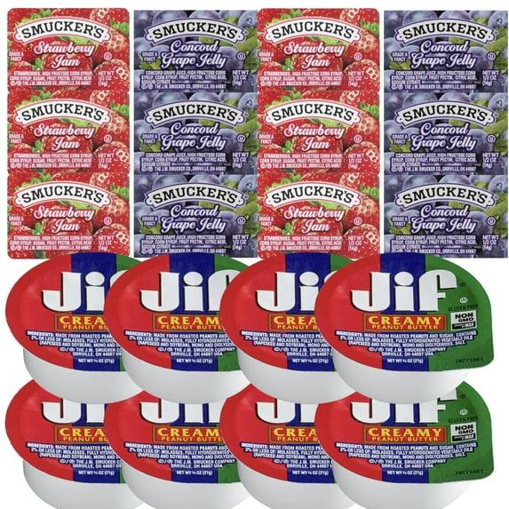 Jif Creamy Peanut Butter Cups & Smucker's Jam & Jelly Assortment – 10 Strawberry Jam, 10 Concord Grape Jelly, 10 Peanut Butter – Individual Single-Serve Packs for Breakfast, Snacks, Lunches & On-the-