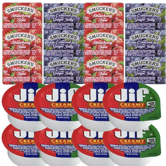 Jif Creamy Peanut Butter Cups & Smucker's Jam & Jelly Assortment 10 Strawberry Jam, 10 Concord Grape Jelly, 10 Peanut Butter Individual Single-Serve Packs for Breakfast, Snacks, Lunches & On-the-