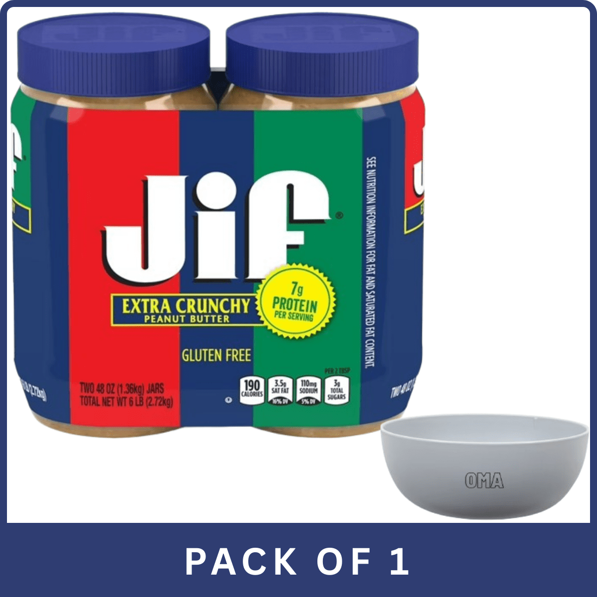 Jif Extra Crunchy Peanut Butter 48 oz (2‑Pack)- With Olive White Bowl By OMA