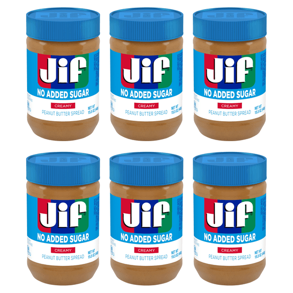 Jif No Added Sugar Creamy Peanut Butter Spread, 15.5 oz. - Smooth, Creamy Texture, No Stir Peanut Butter Spread-Pack Of 6