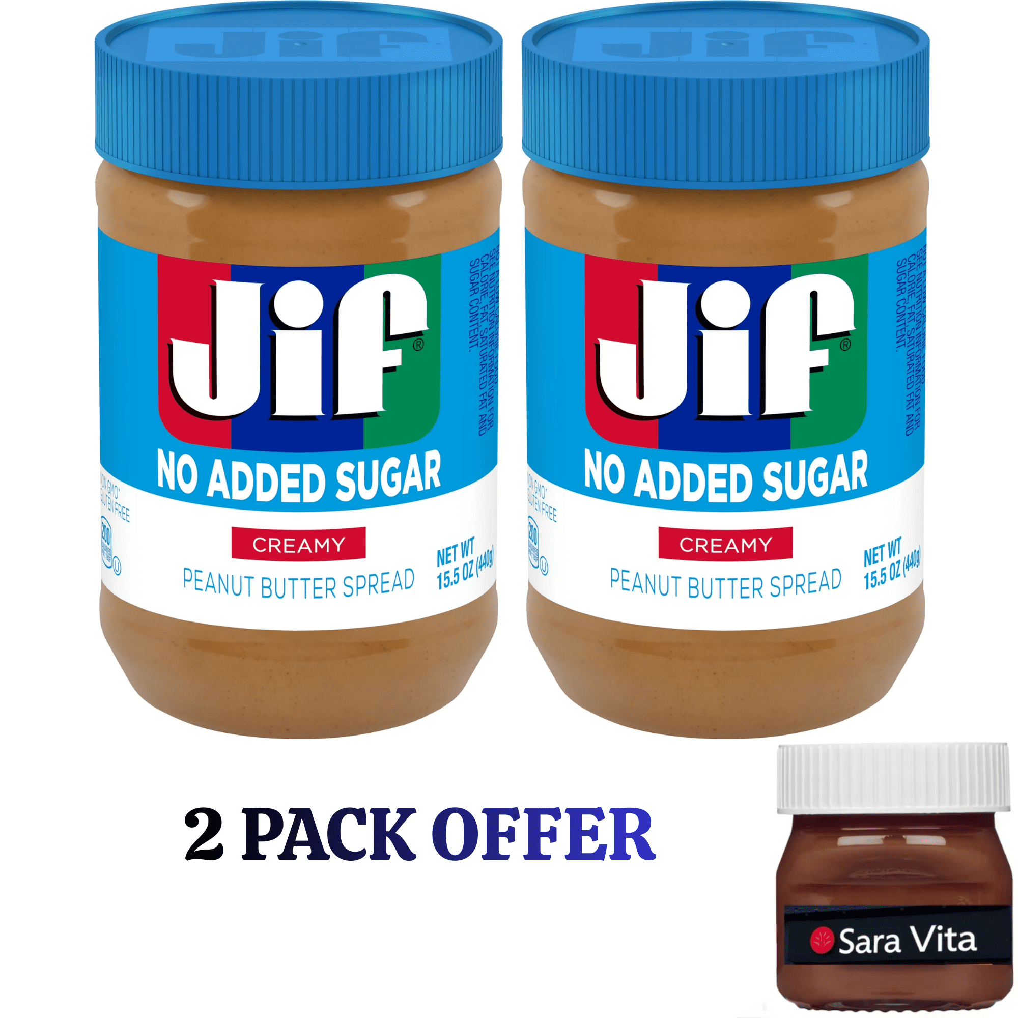 Jif No Added Sugar Creamy Peanut Butter Spread, 15.5 oz. - Smooth, Creamy Texture, No Stir Peanut Butter Spread