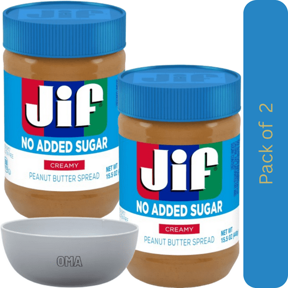 Jif No Added Sugar Creamy Peanut Butter Spread, 2 Pack (15.5 oz Each)  with Bowl by OMA