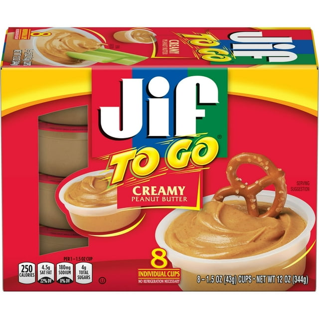 Jif To Go Creamy Peanut Butter, 8 1.5 oz Cups, Snack Size (Pack of 2