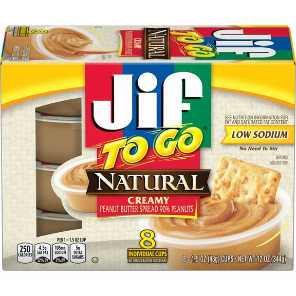 Jif To Go Natural Creamy Peanut Butter Spread, 8- 1.5 Ounce Cups, Smooth and Creamy Texture, Snack Size Packs