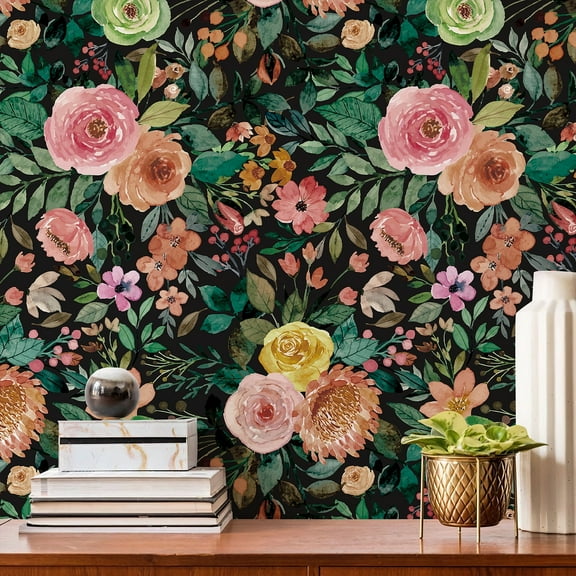 JiffDiff Blooming Floral Wallpaper Peel and Stick Pink Impressionist Floral Wall Mural Peony Roses Wallpaper Nursery Wall Decor (Black-Camellia, 17.7" X 393.7")