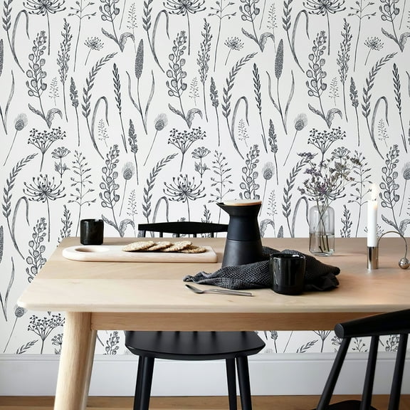 JiffDiff Peel and Stick Wallpaper Farmhouse Vintage Floral Contact Paper Wheat Meadow Removable Self Adhesive Wallpaper Black and White (56 sq.ft)