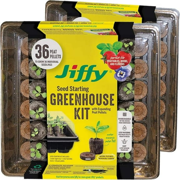 Jiffy 36 Cell Plastic Seed Starting Greenhouse Kit, 36mm Peat Pellets (Pack of 2)