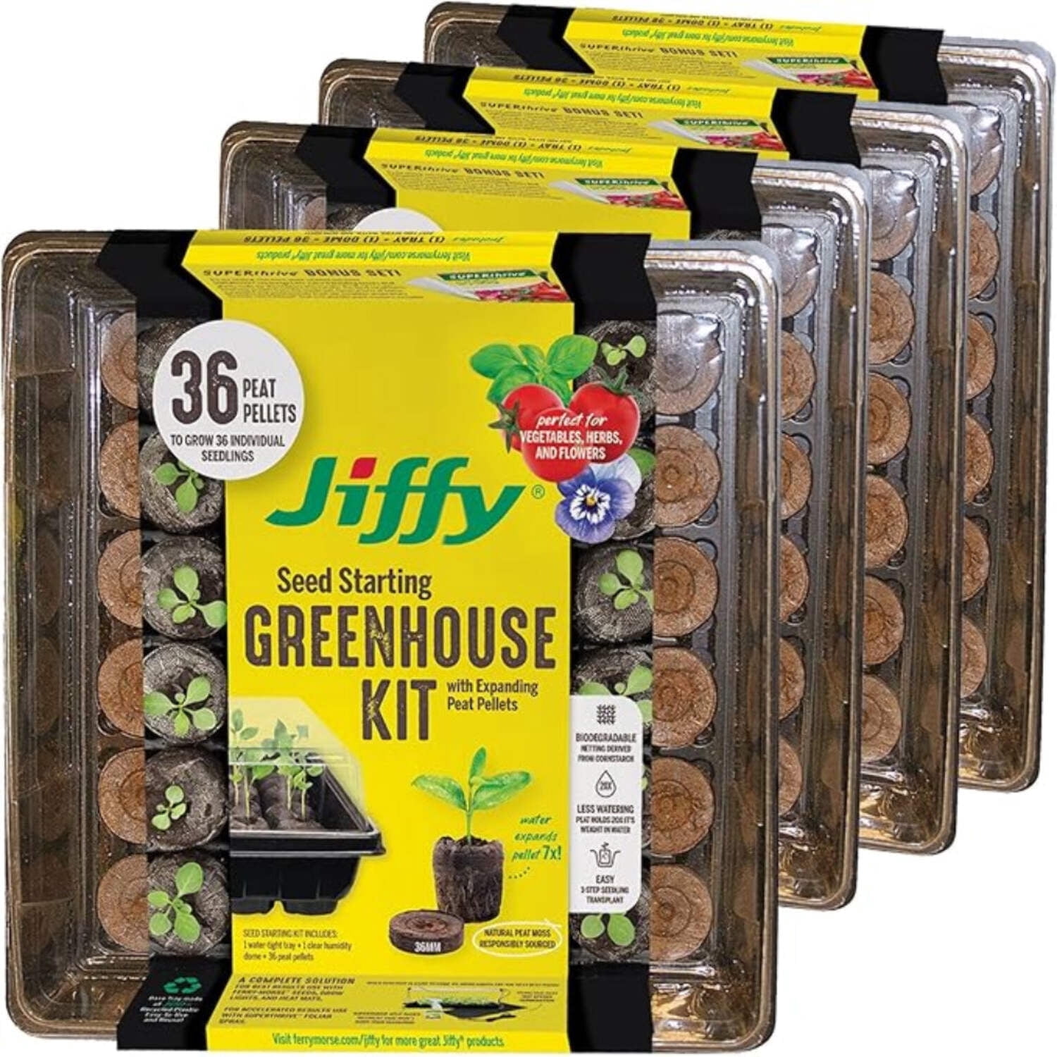 Jiffy 36 Cell Plastic Seed Starting Greenhouse Kit, 36mm Peat Pellets (Pack of 4)