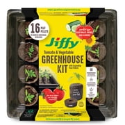 Jiffy 50mm Seed Starting Tomato & Vegetable Greenhouse Kit with 16 Biodegradable Expanding Peat Pellets + Bonus SUPERthrive & Plant Labels