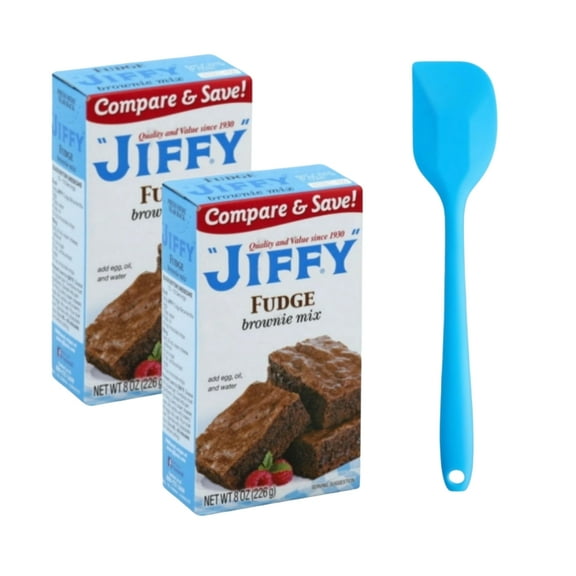 Jiffy Fudge Brownie Mix, 8 oz (226g) (2 pack) and 8in Silicone Spatula (Color Varies)