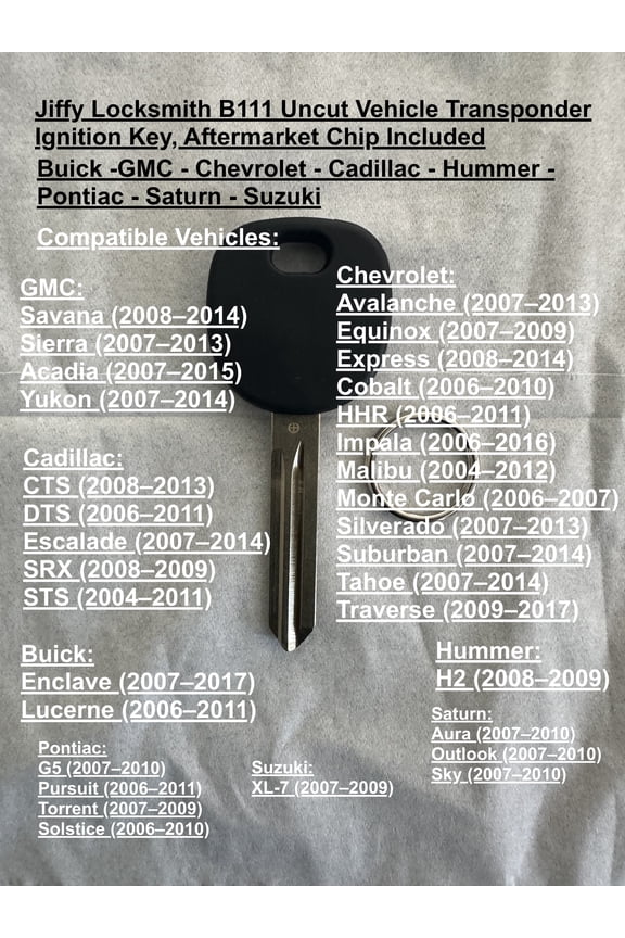 B111 Uncut Vehicle Transponder Ignition Key, Aftermarket Chip Included, 1 Pack