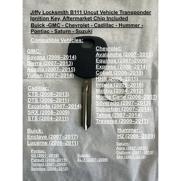 Jiffy Locksmith B111 Uncut Vehicle Transponder Ignition Key, Aftermarket Chip Included, 1 Pack
