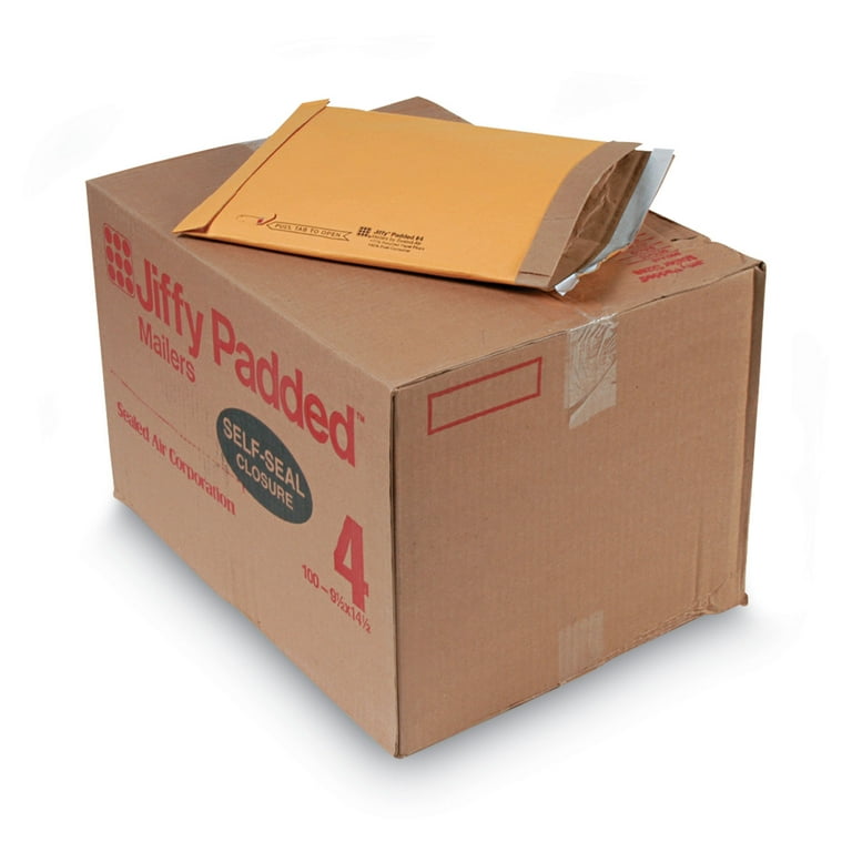 Jiffy Padded Mailer, #4, Paper Padding, Self-Adhesive Closure, 9.5 x 14.5, Natural Kraft, 100/Carton Jiffy Padded Mailer, #4, Paper Padding, Self-Adhesive Closure, 9.5 x 14.5, Natural Kraft, 100/Carton