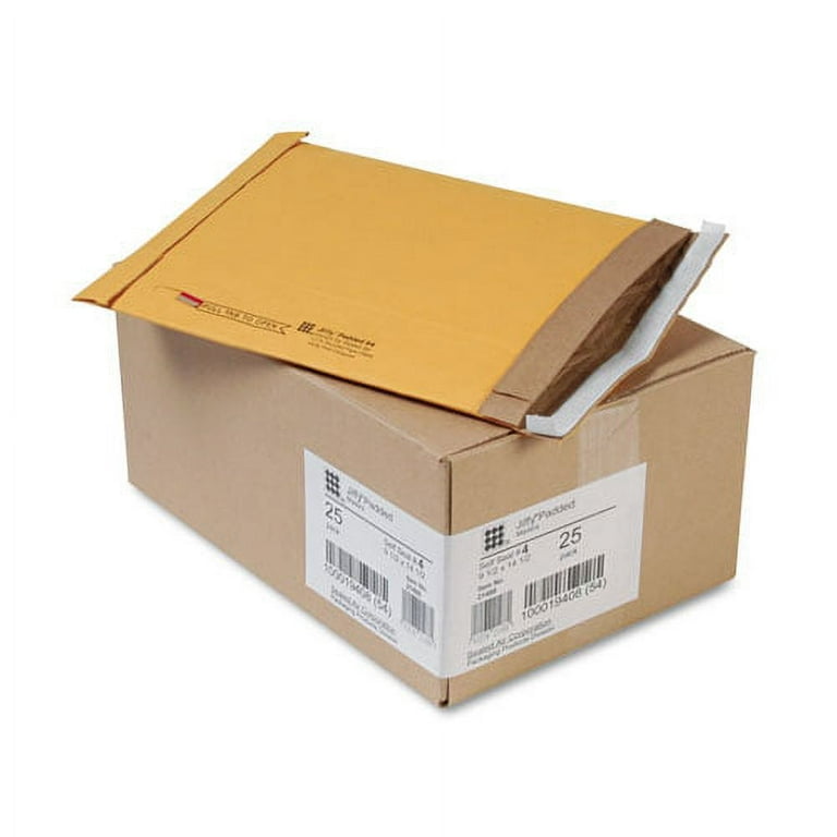 Jiffy Padded Mailer, #4, Paper Padding, Self-Adhesive Closure, 9.5 x 14.5, Natural Kraft, 25/Carton Jiffy Padded Mailer, #4, Paper Padding, Self-Adhesive Closure, 9.5 x 14.5, Natural Kraft, 25/Carton