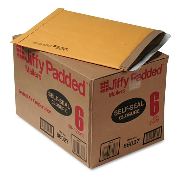 Jiffy Padded Mailer, #6, Paper Padding, Self-Adhesive Closure, 12.5 x 19, Natural Kraft, 50/Carton | Bundle of 2 Cartons