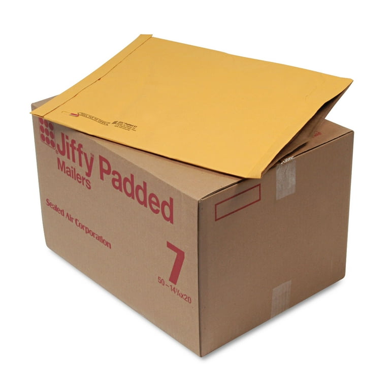 Jiffy Padded Mailer, #7, Paper Padding, Fold-Over Closure, 14.25 x 20, Natural Kraft, 50/Carton Jiffy Padded Mailer, #7, Paper Padding, Fold-Over Closure, 14.25 x 20, Natural Kraft, 50/Carton