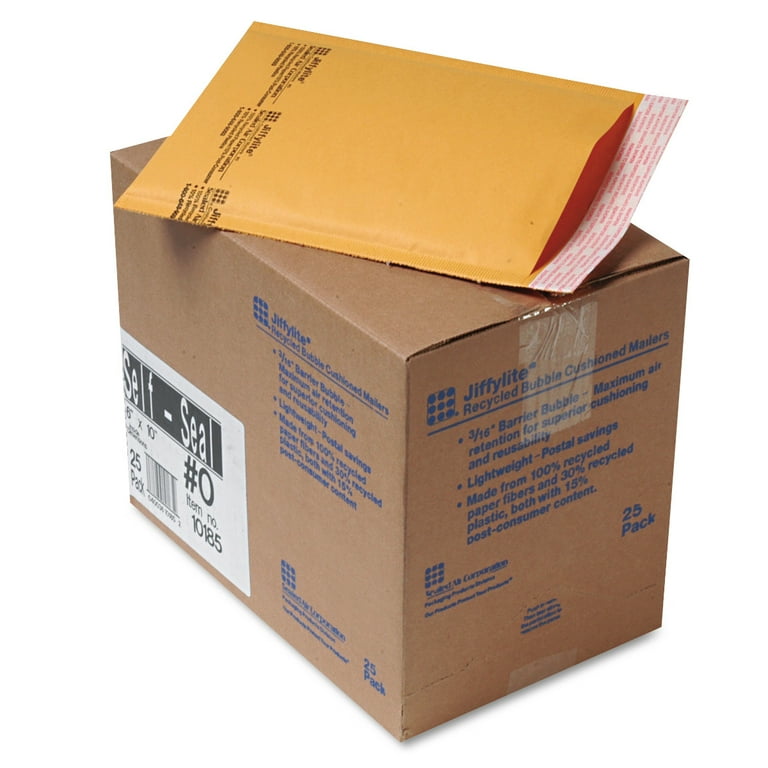 Jiffylite Self-Seal Bubble Mailer, #00, Barrier Bubble Air Cell Cushion, Self-Adhesive Closure, 5 x 10, Brown Kraft, 25/CT Jiffylite Self-Seal Bubble Mailer, #00, Barrier Bubble Air Cell Cushion, Self-Adhesive Closure, 5 x 10, Brown Kraft, 25/CT