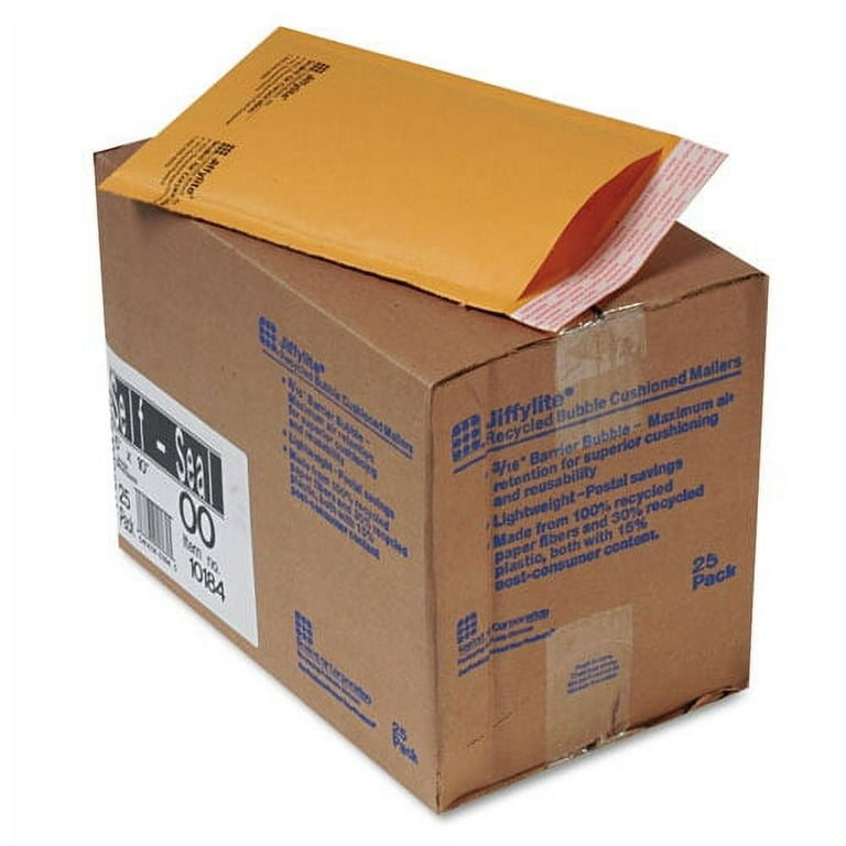 Jiffylite Self-Seal Bubble Mailer, #00, Barrier Bubble Air Cell Cushion, Self-Adhesive Closure, 5 x 10, Brown Kraft, 25/CT Jiffylite Self-Seal Bubble Mailer, #00, Barrier Bubble Air Cell Cushion, Self-Adhesive Closure, 5 x 10, Brown Kraft, 25/CT
