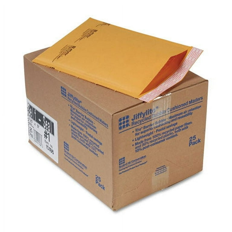 Jiffylite Self-Seal Bubble Mailer, #1, Barrier Bubble Air Cell Cushion, Self-Adhesive Closure, 7.25 x 12, Brown Kraft, 25/CT Jiffylite Self-Seal Bubble Mailer, #1, Barrier Bubble Air Cell Cushion, Self-Adhesive Closure, 7.25 x 12, Brown Kraft, 25/CT