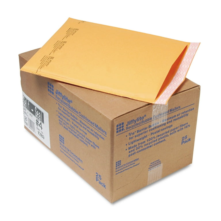 Jiffylite Self-Seal Bubble Mailer, #4, Barrier Bubble Air Cell Cushion, Self-Adhesive Closure, 9.5 x 14.5, Brown Kraft, 25/CT Jiffylite Self-Seal Bubble Mailer, #4, Barrier Bubble Air Cell Cushion, Self-Adhesive Closure, 9.5 x 14.5, Brown Kraft, 25/CT