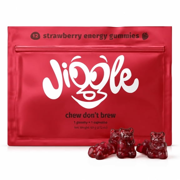 Jiggle Caffeine Gummies 62.5mg Plant-Based Caffeine from Green Tea & Guarana, Strawberry, 12 gummies | Coffee Alternative for Focus at Work, Study & Travel | Resealable Pack