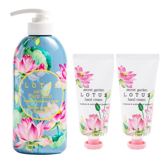Jigott Secret Garden Lotus Body Lotion 750ml/25.36fl.oz & Hand Cream 2 Pack 100ml/3.38fl.oz