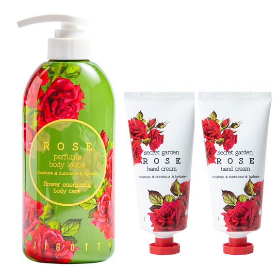 Jigott Secret Garden Rose Body Lotion 750ml/25.36fl.oz & Hand Cream 2 Pack 100ml/3.38fl.oz