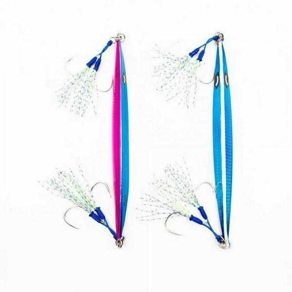 Jigs R Us Mobster Slow Pitch Jig Blue-Purple Glow 250g Rigged with Top and Bottom Dual Assist Hooks