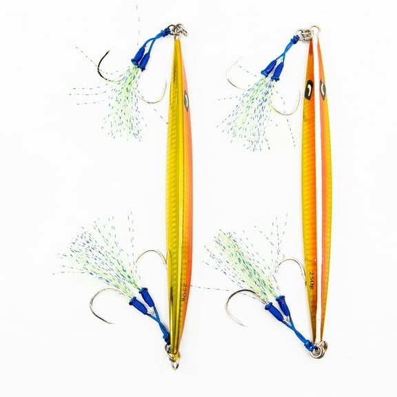 Jigs R Us Mobster Slow Pitch Jig Orange Glow 250g Rigged with Top and Bottom Dual Assist Hooks.