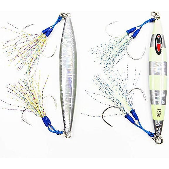 Jigs R Us Sardine Slow Pitch Jig Silver Glow 150g Rigged with Top and Bottom Dual Assist Hooks
