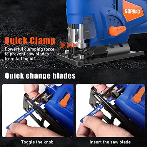 Jigsaw, 5.0Amp Jig Saw Tool Corded Electric Power Cutter,800-3000 SPM Jig Saw, 6 Variable Speed, -45 Bevel Cutting, 4 Orbital Sets, for Woodworking with 2PCS Blades & Scale Ruler
