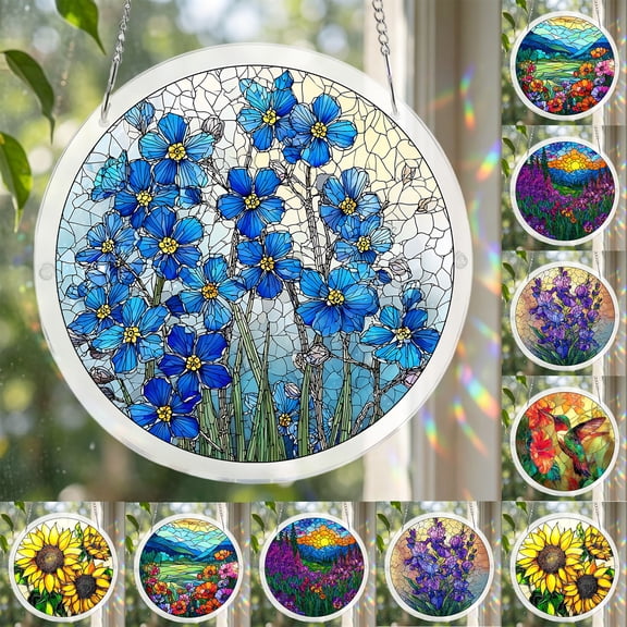 Jigsaw Acrylic Puzzle Suncatcher, Flower and Sunset Stained Glass Style Window Hanging Ornament, 7.5 Inch Sun Catcher with Multiple Floral & Nature Designs for Home & Window Decor