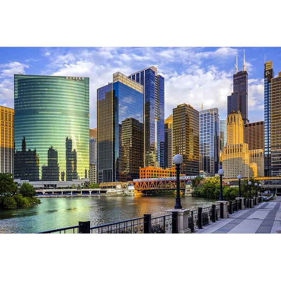 Jigsaw Puzzle for Adults, Chicago Illinois City Skyline Buildingscape, 1000 Piece Classic Wooden Puzzle, Iconic American Urban Art for Home or Office Decor