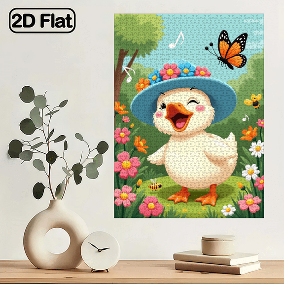 Jigsaw Puzzle - 1000 pieces, suitable for adults aged 12 and above, a duck wearing a flower hat with flowers and musical notes around it, 29.4x19.6 inches.