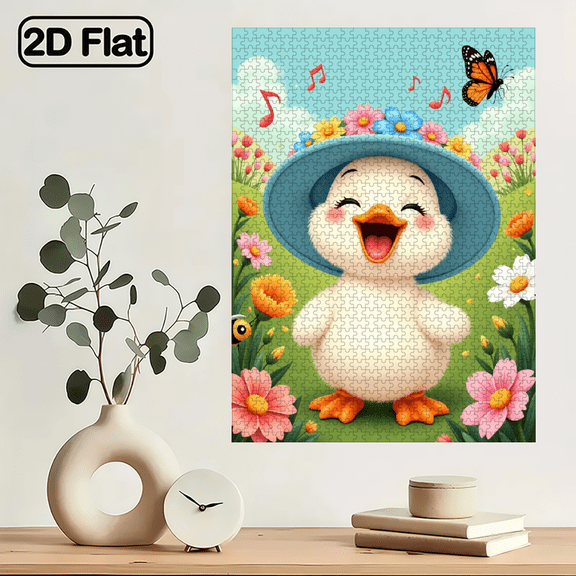 Jigsaw Puzzle - 1000 pieces, suitable for adults aged 12 and above, a duck wearing a flower hat with flowers and musical notes around it, 29.4x19.6 inches.