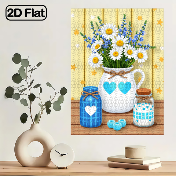 Jigsaw Puzzle - 1000 pieces, suitable for adults aged 12 and above, featuring lovely daisies and pottery jars, 29.4 x 19.6 inches.