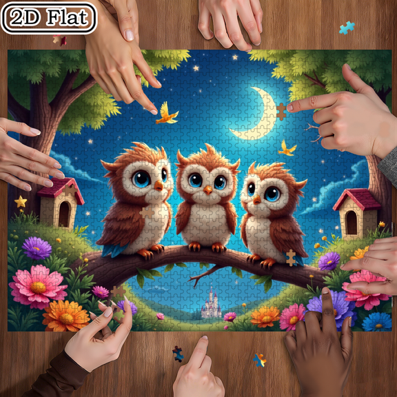 Jigsaw Puzzle - 1000 pieces, suitable for adults aged 12 and above, three dreamy owl figures on the branches, 29.4 x 19.6 inches