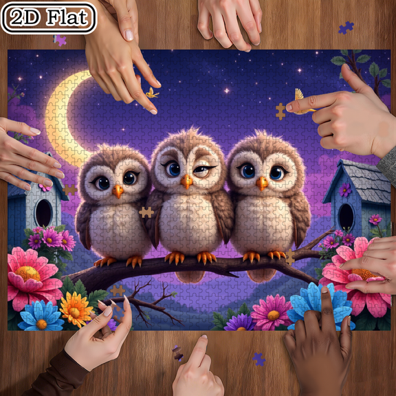 Jigsaw Puzzle - 1000 pieces, suitable for adults aged 12 and above, three dreamy owl figures on the branches, 29.4 x 19.6 inches