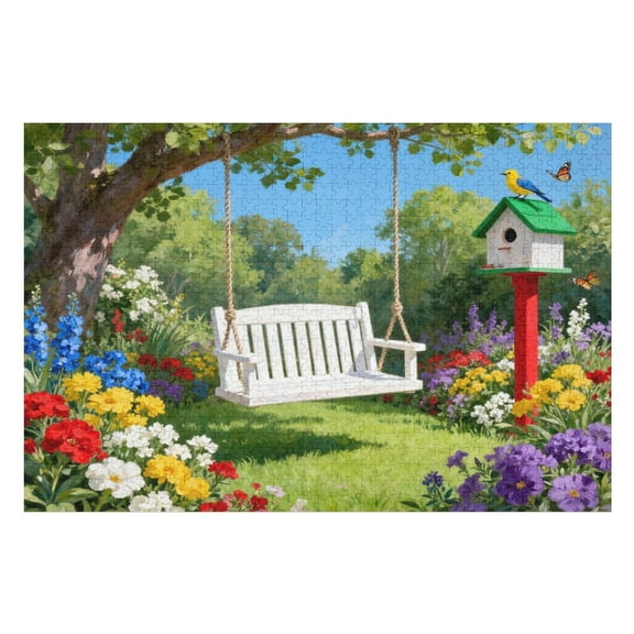 Jigsaw Puzzle 500 Pieces for Adults, Garden Swing Theme, Blooming Flower Paradise Design, Relaxing Family Game Night, Home Wall Decor for Seniors, 20.5x15 in
