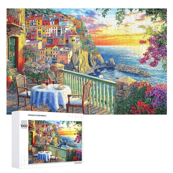 Jigsaw Puzzle 500 Pieces for Adults, Italy Cinque Terre Theme, Coastal Village Beautiful Landscape Sunset View with Letters on Back, Hard Impossible Difficult Challenging Family Puzzle, 15"x20.5"