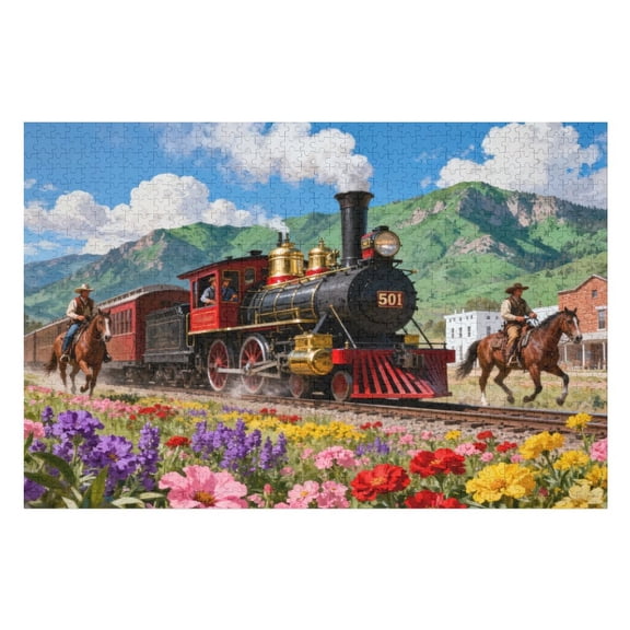Jigsaw Puzzle 500 Pieces for Adults, Railway Train Theme, Knight and Horse Scene, Recyclable Cardboard Design for Seniors, Challenging Family Activity, 20.5x15 Inches