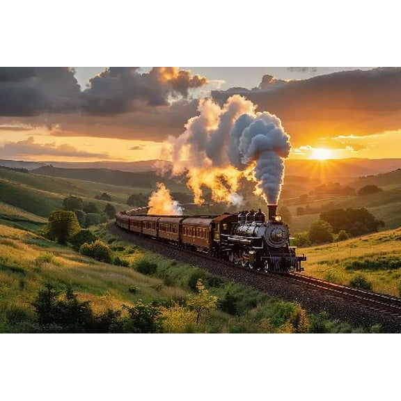 Jigsaw Puzzle 500 Pieces for Adults - Train Landscape - Train Engine Steam Rails Tracks Sky Wooden Puzzle - Unique Suitable for Teenagers and Adults, Home Decoration